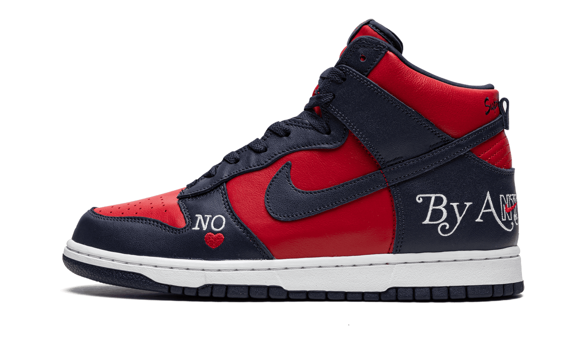 NIKE MENS SB Dunk High "Supreme - By Any Means - Navy/Red" DN3741 600 from Stadium Goods