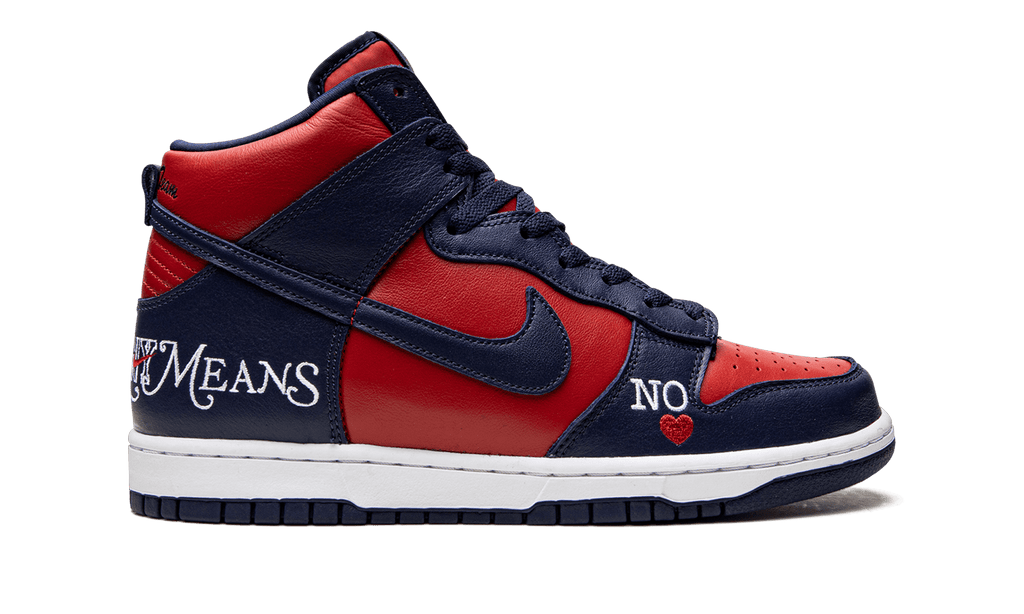 NIKE MENS SB Dunk High "Supreme - By Any Means - Navy/Red" DN3741 600 from Stadium Goods