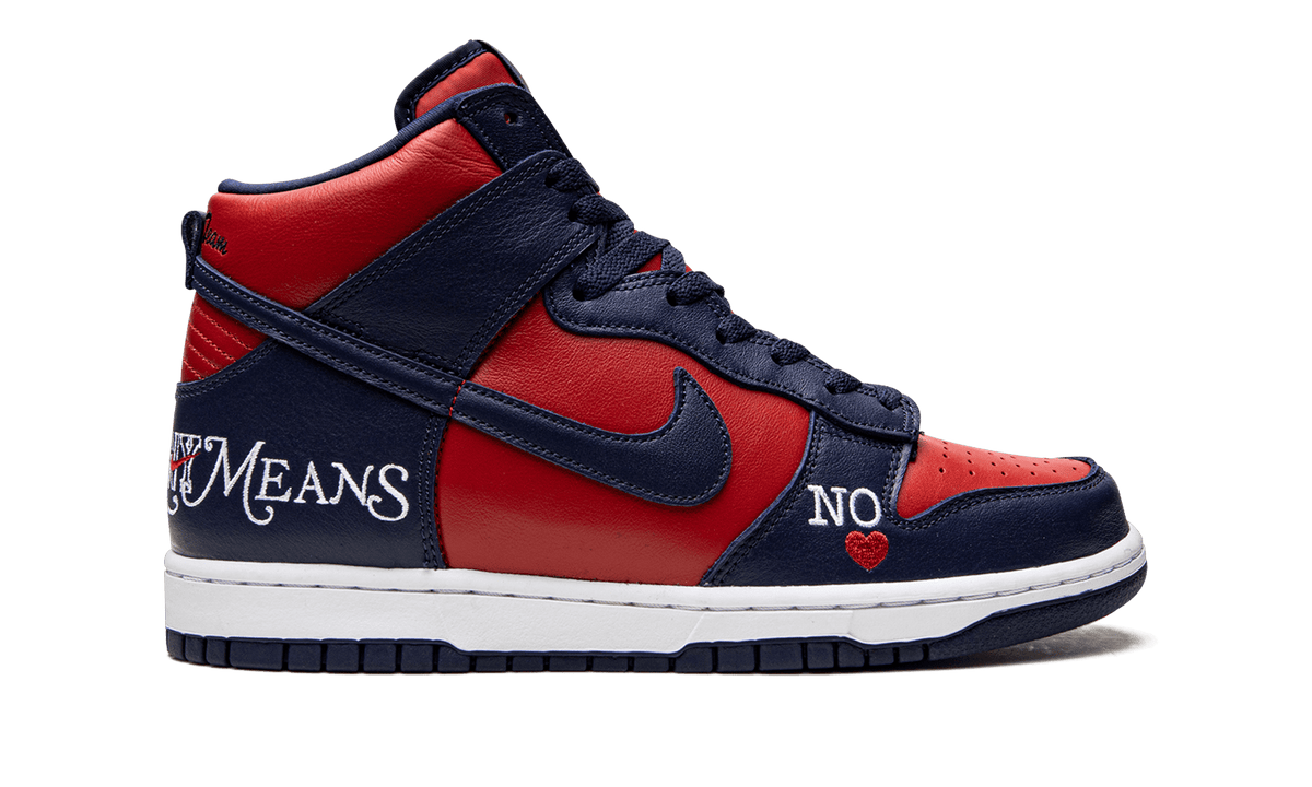 NIKE MENS SB Dunk High "Supreme - By Any Means - Navy/Red" DN3741 600 from Stadium Goods
